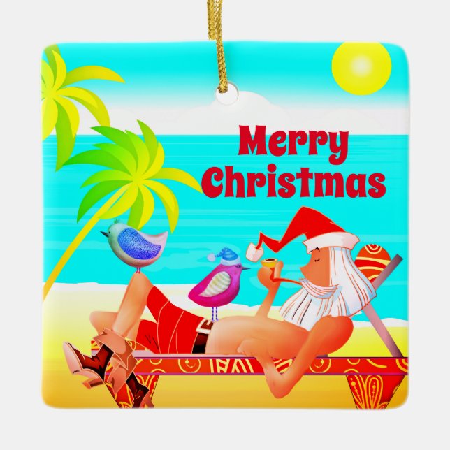 Ornement En Céramique Père Noël et Birds Beach Joyeux Noël (Devant)