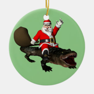 Ornement En Céramique Père Noël Festif Montant Un Alligator