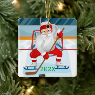 Ornement En Céramique Père Noël Personnalisée Jouant Au Hockey