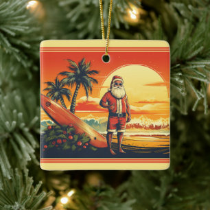 Ornement En Céramique Père Noël Surfing personnalisé Retro Beach Noël