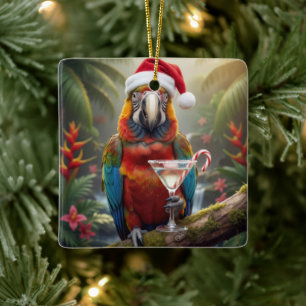 Ornement En Céramique Perroquet Ara de Noël avec Cocktail Martini