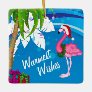 Ornement En Céramique Personalized Cute Santa Flamingo Beach Christmas