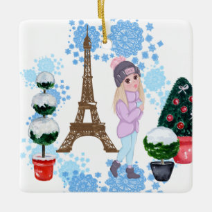 Ornement En Céramique Personalized Girl in Paris Winter Eiffel Tower