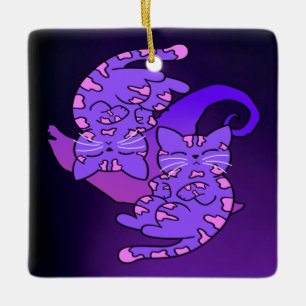 Ornement En Céramique Personnalisable Purple Gemini Retro Neon Kittens