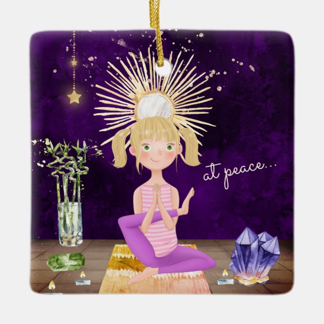 Ornement En Céramique Personnalisé À Peace Yoga Blond Fille Noël (Devant)