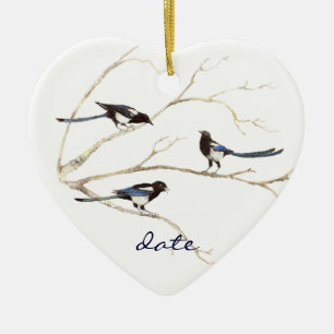 Ornement En Céramique Personnalisé Daté, Famille Magpie, Oiseaux