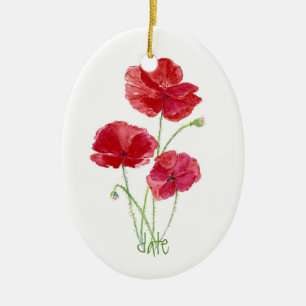 Ornement En Céramique Personnalisé Donné, Aquarelle Rouge Fleur Poppy