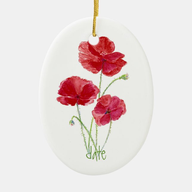 Ornement En Céramique Personnalisé Donné, Aquarelle Rouge Fleur Poppy (Devant)
