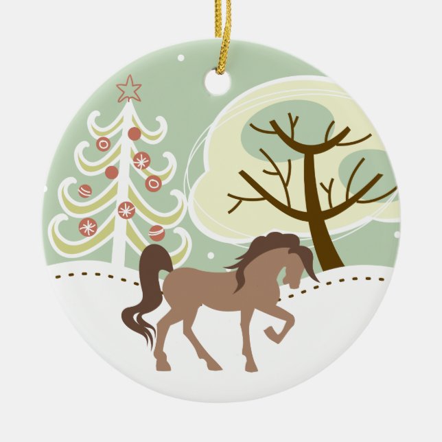 Ornement En Céramique Personnalisé Joli Cheval Brown Hiver neigeux (Devant)