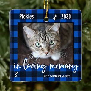 Ornement En Céramique Pet Cat Mémorial Bleu Plaid En Mémoire Amoureuse P
