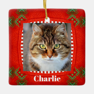 Ornement En Céramique Pet Cat Photo Jolie Rouge Vert Noël