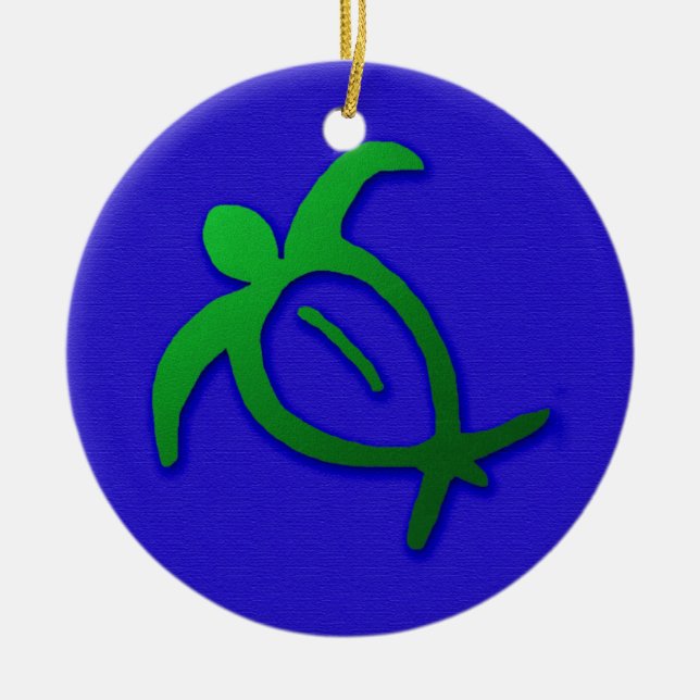 Ornement En Céramique Pétroglyphe hawaïenne de Honu sur le bleu (Devant)