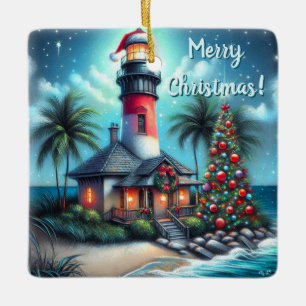 Ornement En Céramique Phare de Noël tropical fantaisiste sarcelle rouge