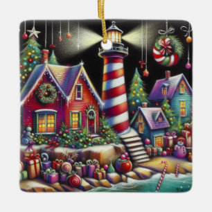 Ornement En Céramique Phare de Noël Whimsical Rouge rose violet