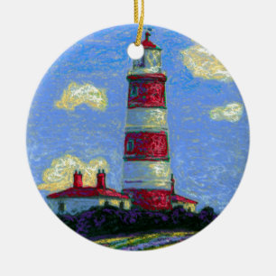 Ornement En Céramique Phare Pastel et champs de lavande