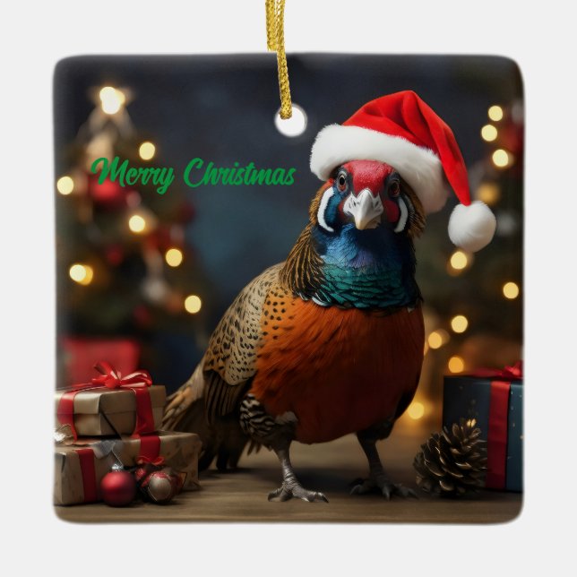 Ornement En Céramique Pheasant portant chapeau santa (Devant)