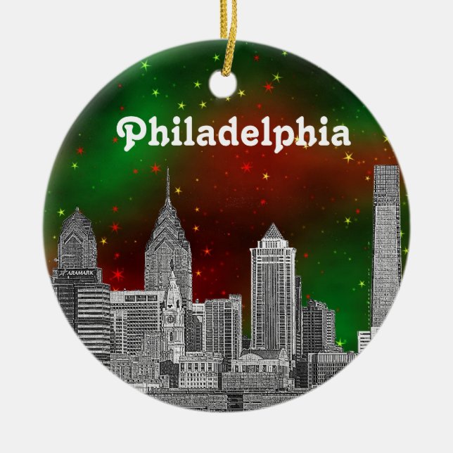 Ornement En Céramique Philadelphie Skyline Vert Rouge étoile Sky Xmas (Devant)