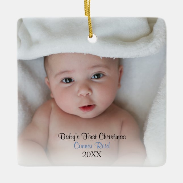 Ornement En Céramique Photo Baby Boy Blue Baby's First Christmas (Devant)