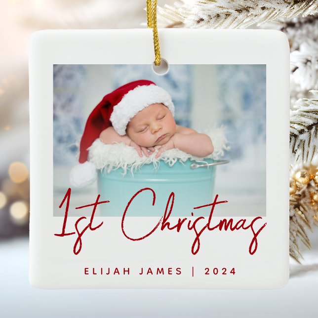 Ornement En Céramique Photo Baby's First Christmas Red Script Ceramic (Créateur téléchargé)