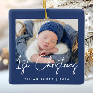 Ornement En Céramique Photo Bébé's First Christmas Navy Bleu Blanc