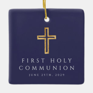 Ornement En Céramique Photo Boy Religieux Croix Bleue Première Communion