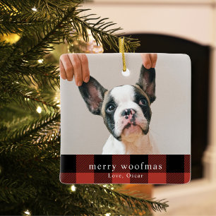Ornement En Céramique Photo Chien moderne Red Buffalo Plaid Joyeux Woofm