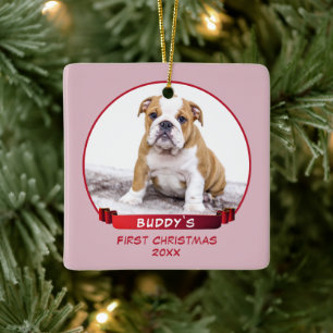 Ornement En Céramique Photo Cute Pink Puppy 1st Christmas Dog
