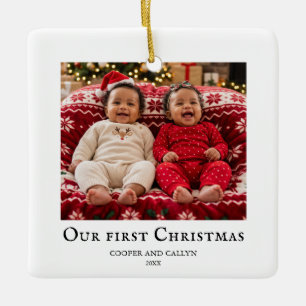 Ornement En Céramique Photo de bébé jumeaux pour leur premier Noël Blanc