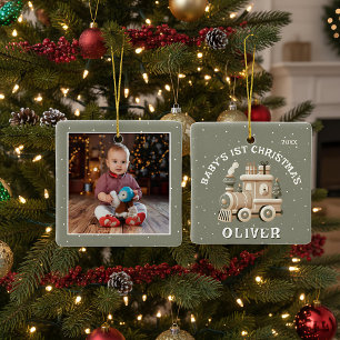 Ornement En Céramique Photo de bébé neutre pour le 1er Noël Train Souven