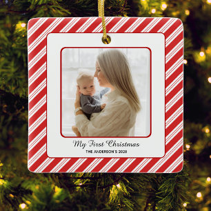 Ornement En Céramique Photo de bébé pour son premier Noël avec rayures r