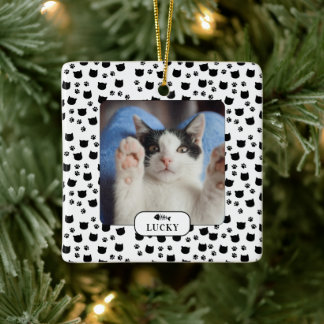 Ornement En Céramique Photo de chat personnalisé avec empreinte de patte