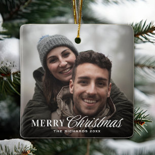 Ornement En Céramique Photo de couple Noël écriture moderne