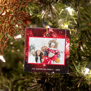 Ornement En Céramique Photo de famille de Noël étoiles rouges baubles
