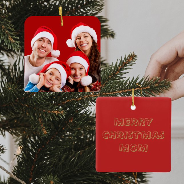 Ornement En Céramique Photo de famille | Maman Rouge & Blanc Noël (Front And Back View)