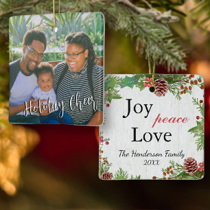 Ornement En Céramique Photo de famille rustique Joy Peace Love Xmas