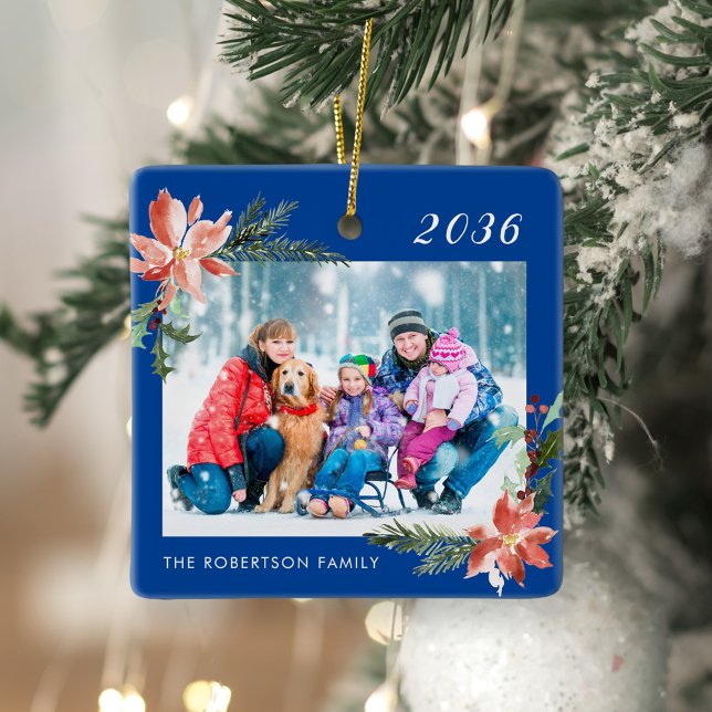 Ornement En Céramique Photo de la famille botanique de Noël bleu (Créateur téléchargé)