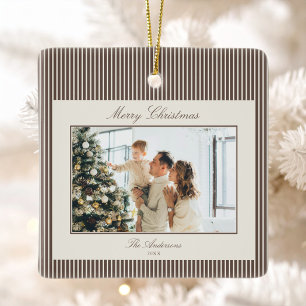 Ornement En Céramique Photo de Noël aux élégantes rayures marron