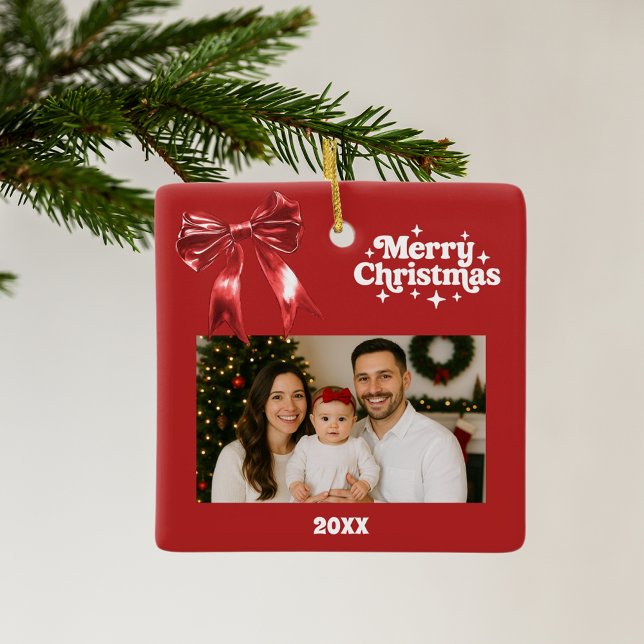 Ornement En Céramique Photo de Noël de l'arc rouge (Créateur téléchargé)