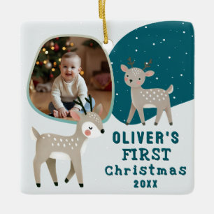 Ornement En Céramique Photo de Noël du 1er Noël de bébé mignon avec renn