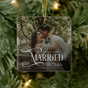 Ornement En Céramique Photo de Noël minimal pour couples mariés pour leu