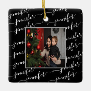 Ornement En Céramique Photo de Noël personnalisée - Calligraphie noir et