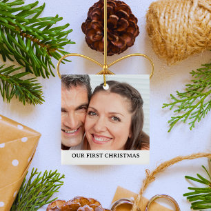 Ornement En Céramique Photo de notre premier couple de Noël