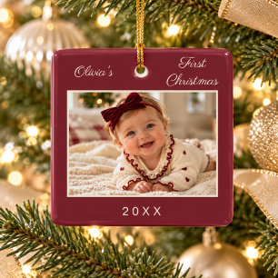 Ornement En Céramique Photo de premier Noël de bébé bordeaux crème