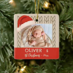 Ornement En Céramique Photo du bébé avec un chapeau de Père Noël tricoté