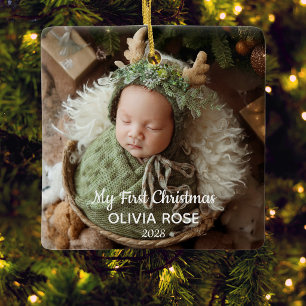 Ornement En Céramique Photo du premier Noël de bébé