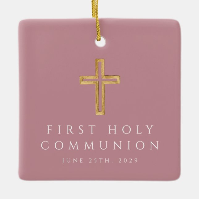 Ornement En Céramique Photo Fille religieuse Croix rose Première communi (Devant)