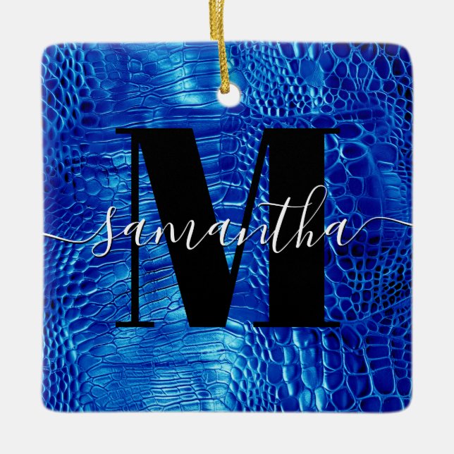Ornement En Céramique Photo Monogramme en cuir Royal Blue Faux (Devant)