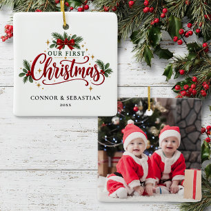 Ornement En Céramique Photo personnalisé du premier Noël de jumeaux
