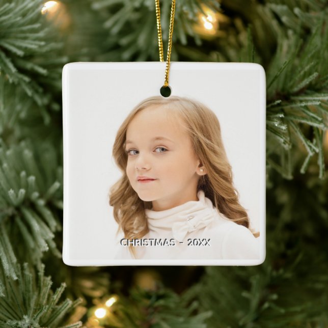 Ornement En Céramique Photo personnalisée avec cadre blanc Noël (Arbre)