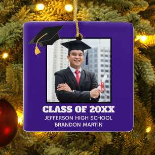 Ornement En Céramique Photo personnalisée Purple Senior Graduation Photo